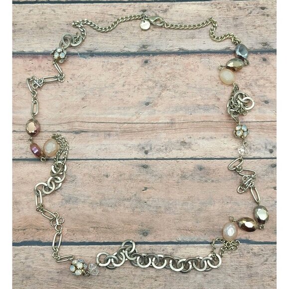 Loft Brushed Gold Tone Chain & Bead Station Necklace Crystals 36" Long - Picture 9 of 12